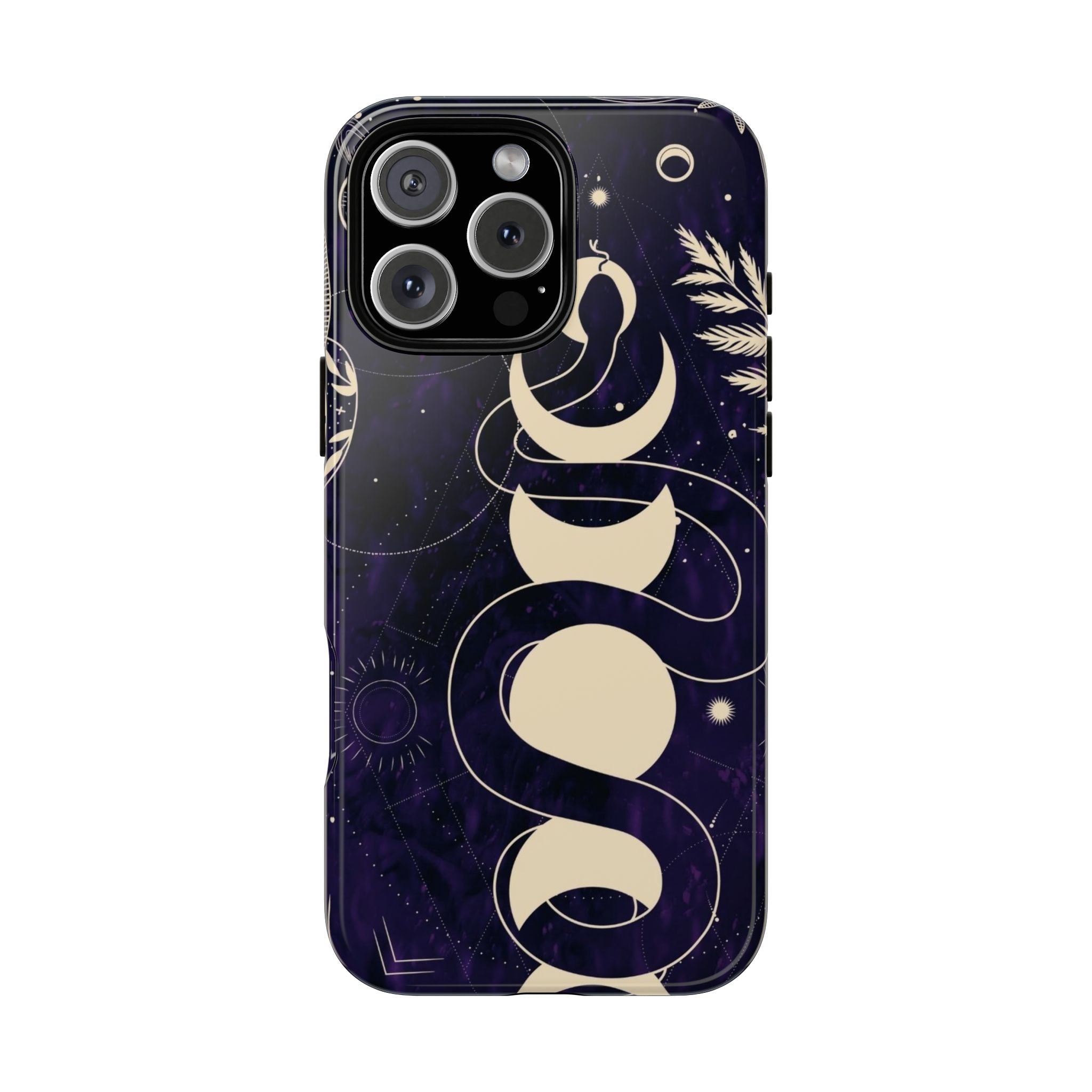 Dark Violet Phone Case with Lunar Phases, Snake & Cosmic Motifs | Durable and Stylish, Perfect for Astrology Lovers
