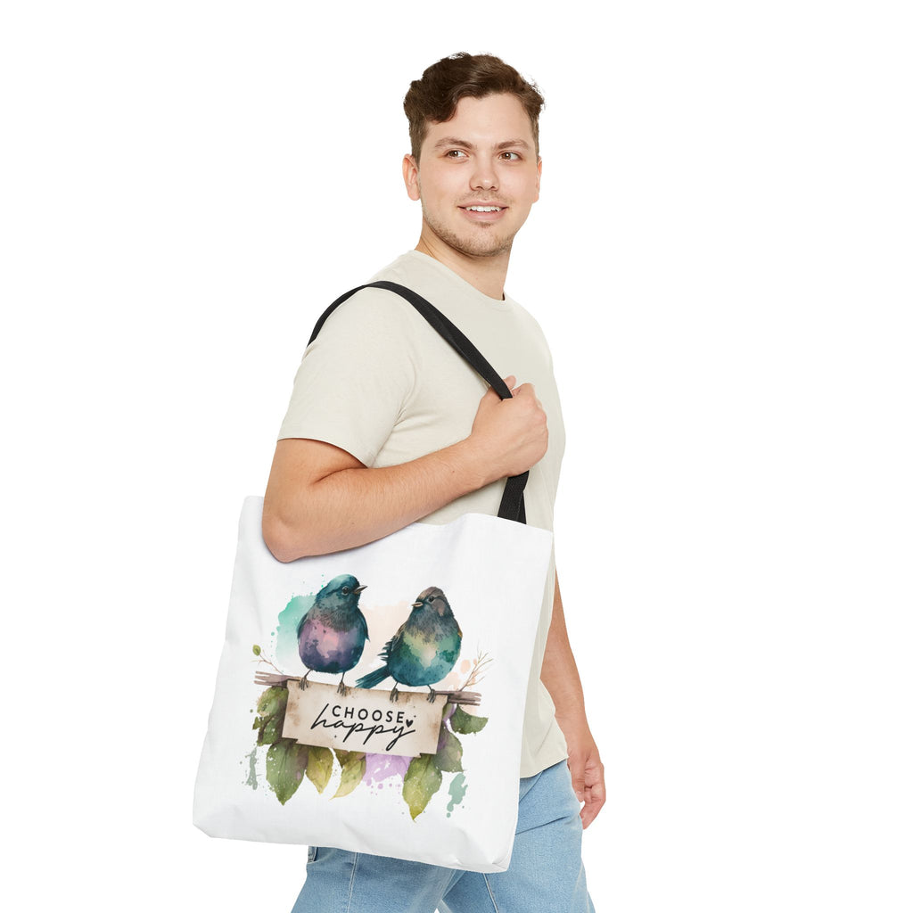 Cheerful Bird Design Tote Bag - Choose Happy Watercolor Print - 3 Sizes Available | Bird Lover Gift Idea |  Whimsical Birds Versatile Tote