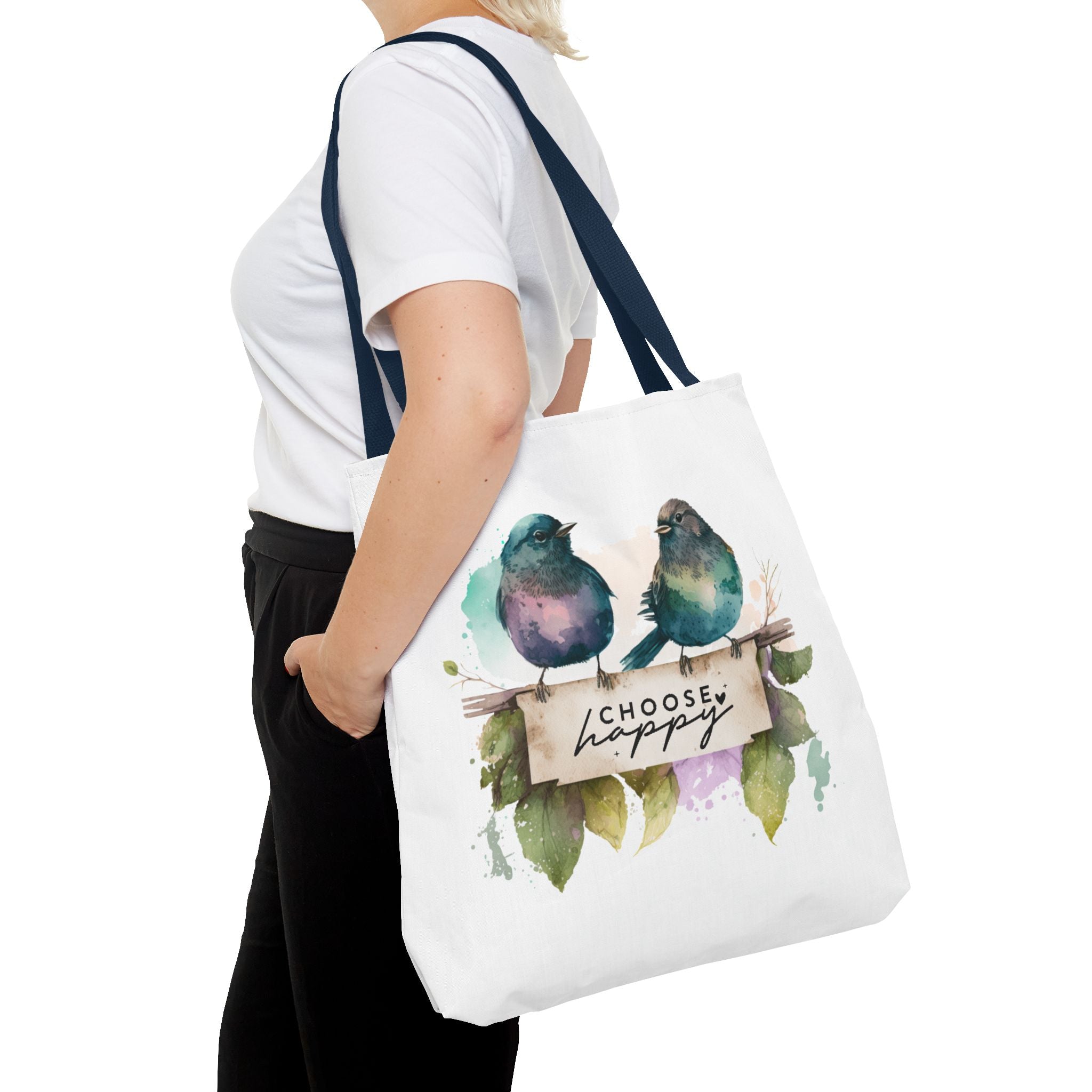 Cheerful Bird Design Tote Bag - Choose Happy Watercolor Print - 3 Sizes Available | Bird Lover Gift Idea |  Whimsical Birds Versatile Tote