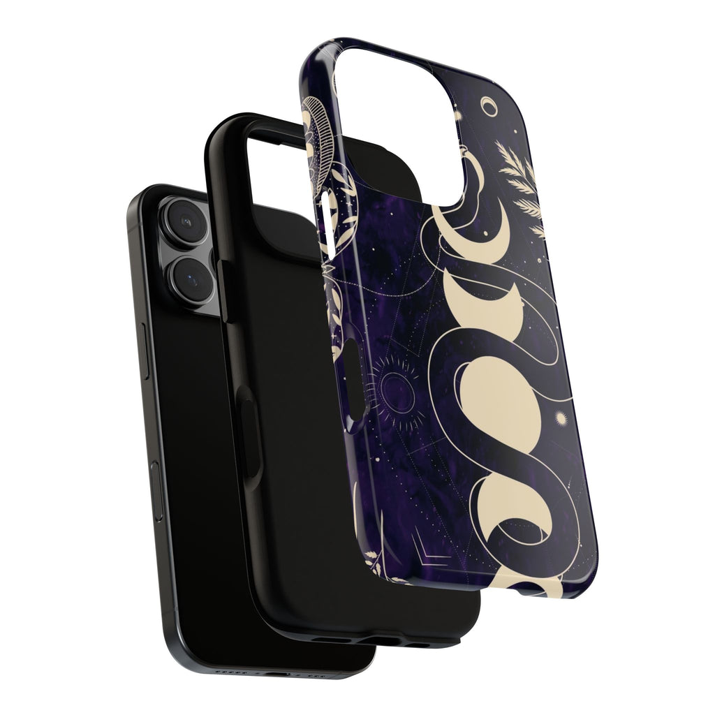 Dark Violet Phone Case with Lunar Phases, Snake & Cosmic Motifs | Durable and Stylish, Perfect for Astrology Lovers