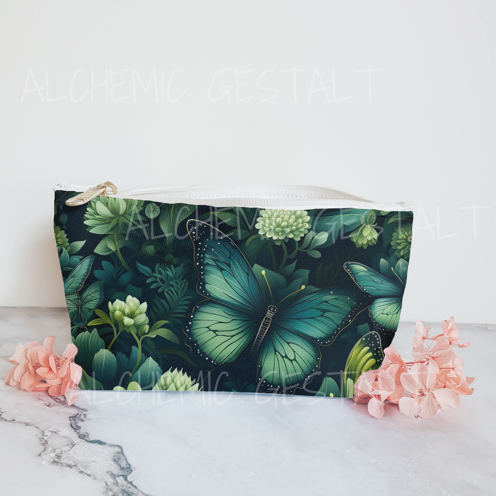 Botany of Wings Emerald Accessory Bag: Features a botanical and butterfly motif, perfect for organizing essentials with a touch of natural elegance.