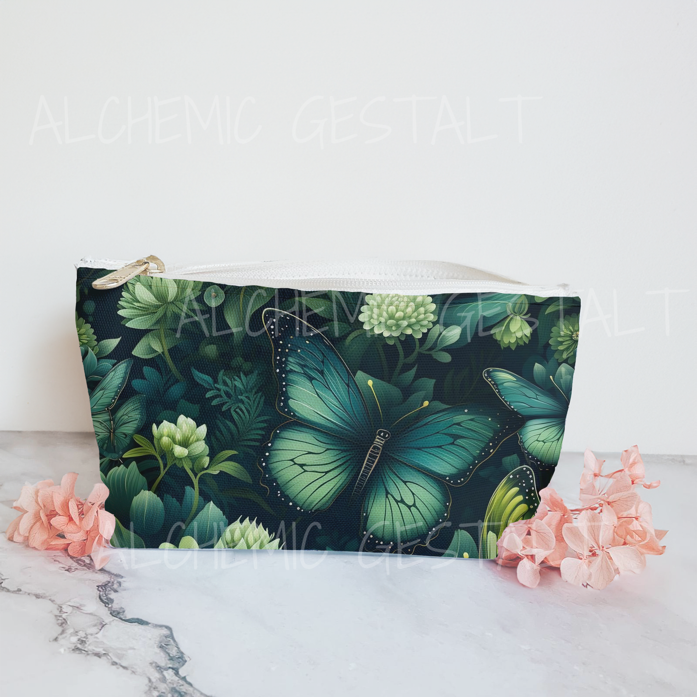 Botany of Wings Emerald Accessory Bag: Features a botanical and butterfly motif, perfect for organizing essentials with a touch of natural elegance.