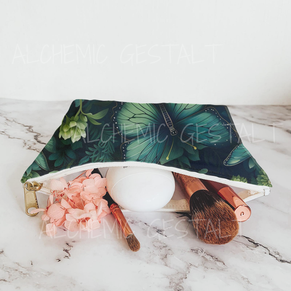 Botany of Wings Emerald Accessory Bag: Features a botanical and butterfly motif, perfect for organizing essentials with a touch of natural elegance.