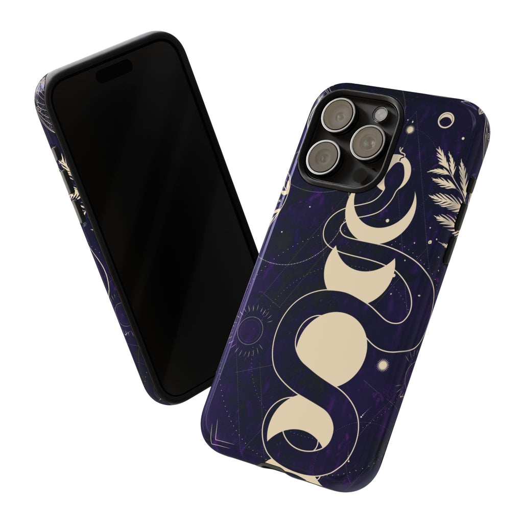 Dark Violet Phone Case with Lunar Phases, Snake & Cosmic Motifs | Durable and Stylish, Perfect for Astrology Lovers