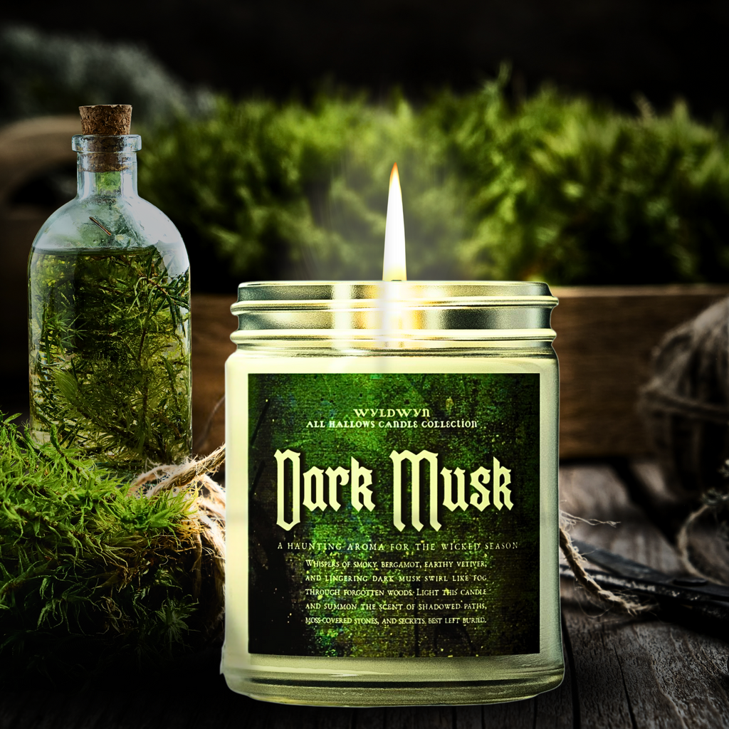Scented Candle: Dark Musk, part of the All Hallows Candle Collection, 9 oz Coconut Apricot Wax
