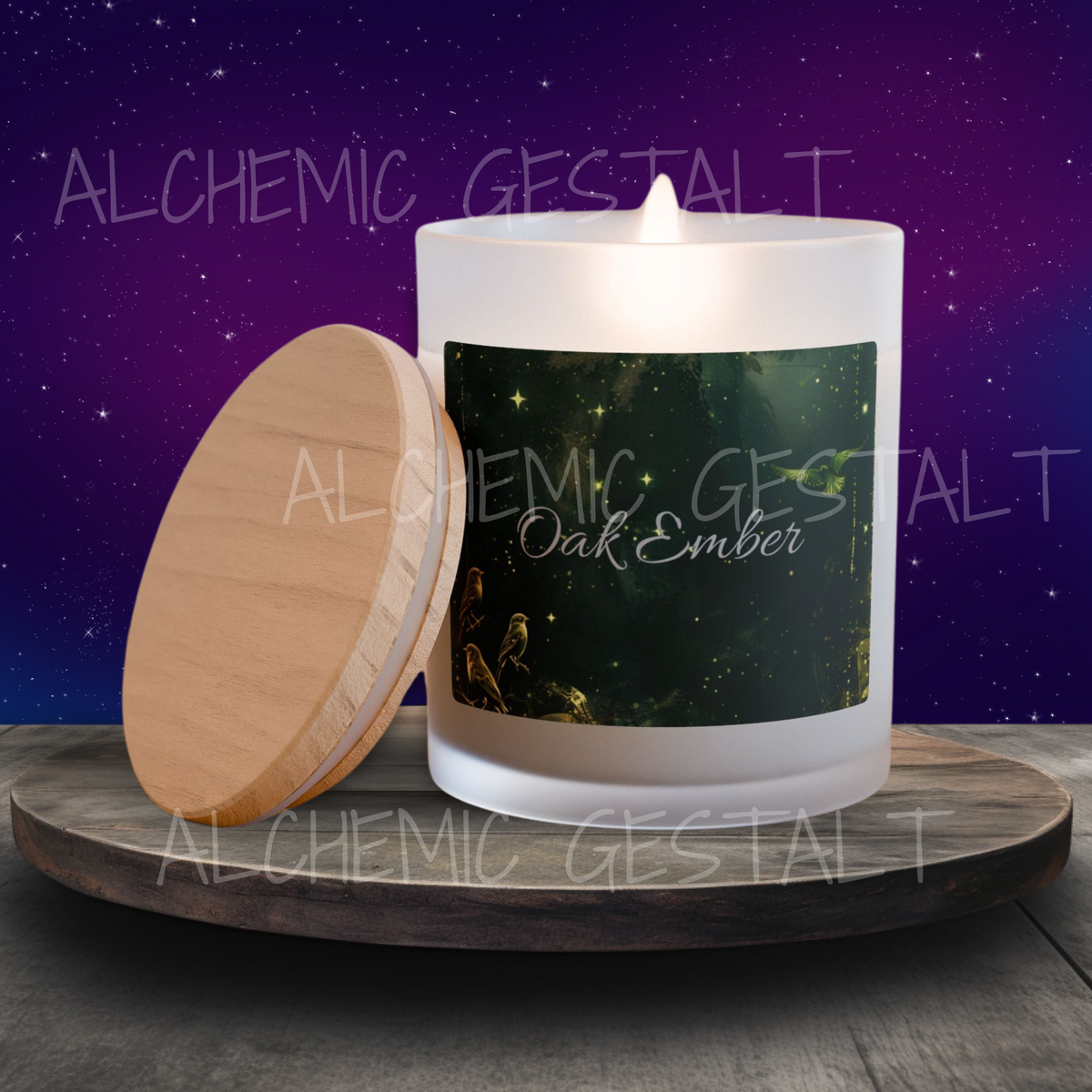 Scented Candle: 11oz Frosted Glass Oak Ember Soy Candle with Wooden Wick, Hand-Poured