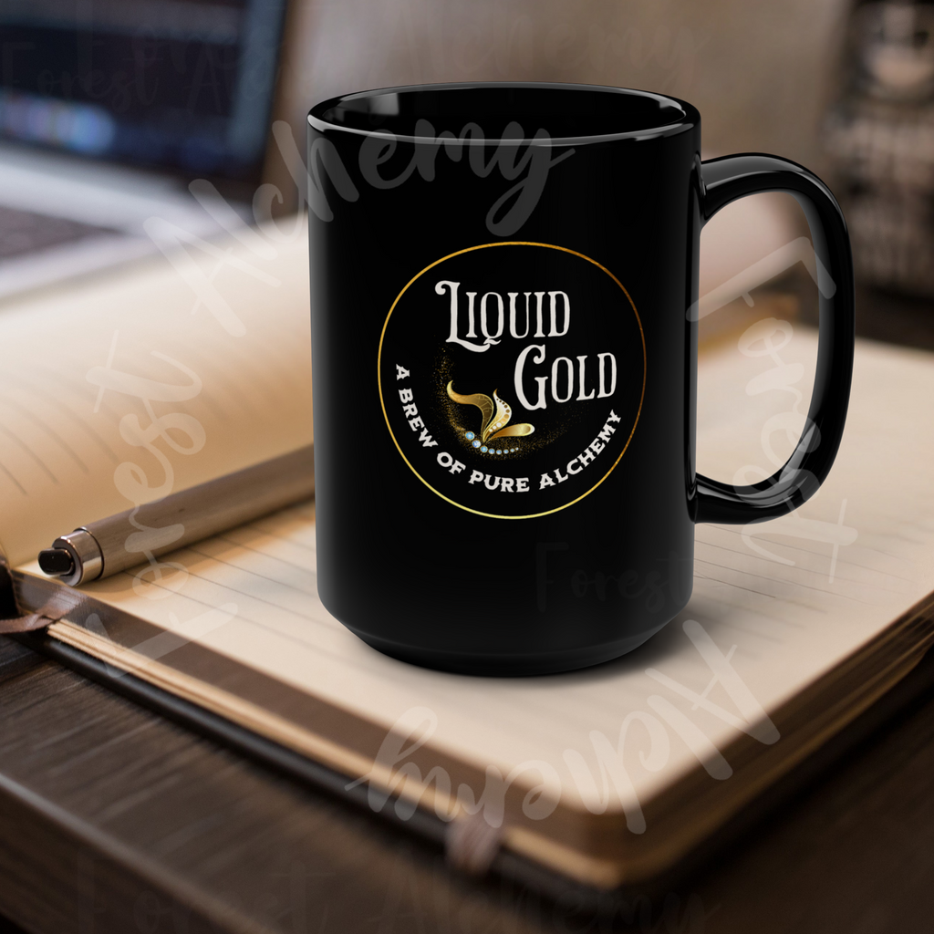 Liquid Gold Black 15oz Mug — 'Liquid Gold' Logo Coffee Cup