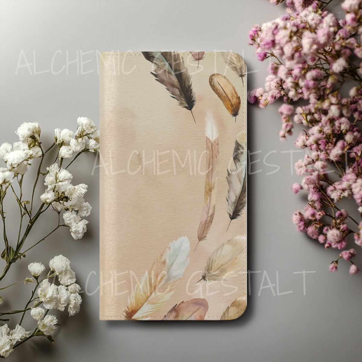 Phone Case Flip Cover - Feathers, Faux Leather Stand, Card & Cash Storage
