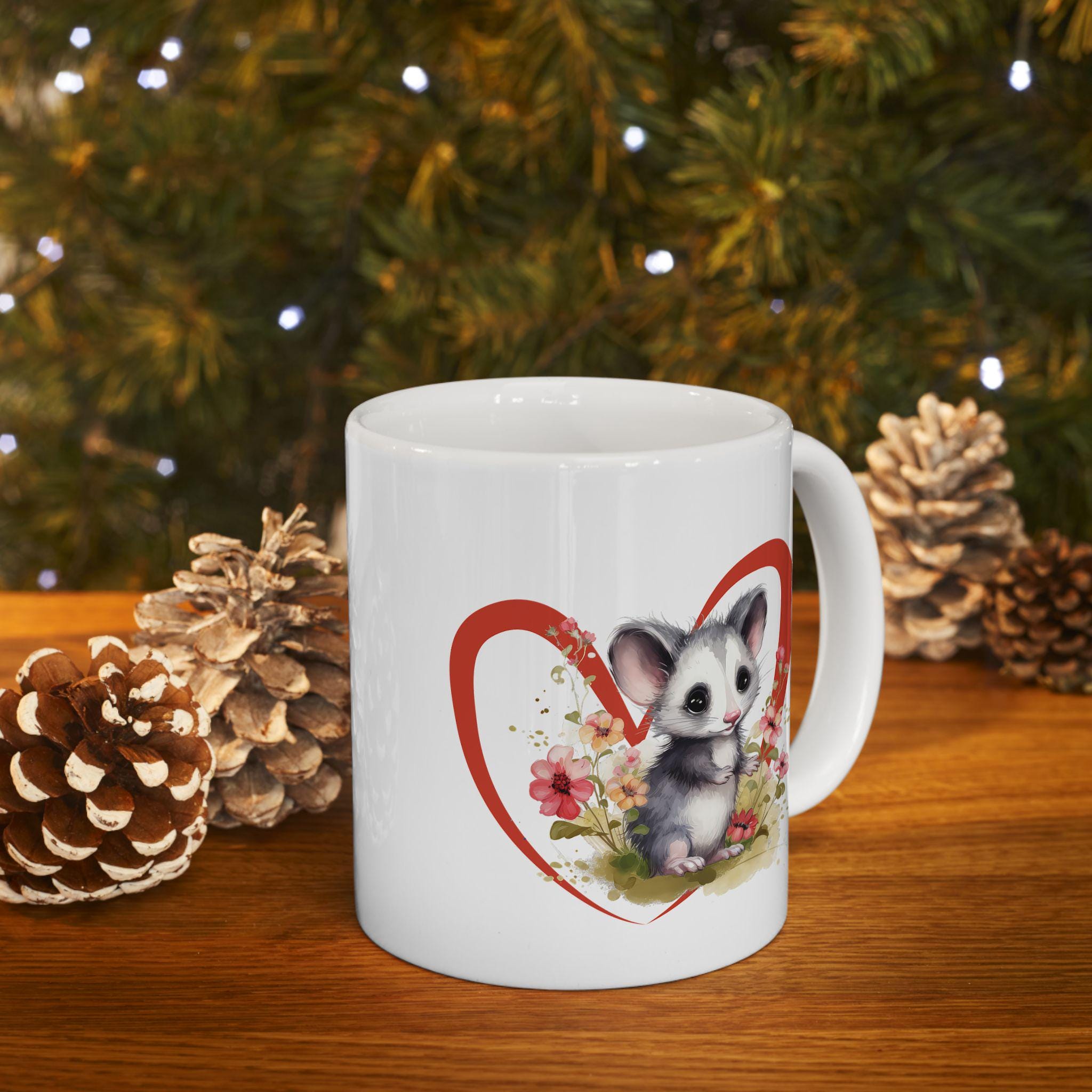 Opossum Ceramic Mug, Cute Floral Heart Opossum Lover Gift, 11oz 15oz Coffee Cup, Animal Wildlife Tea Mug, Gift for Nature Enthusiasts