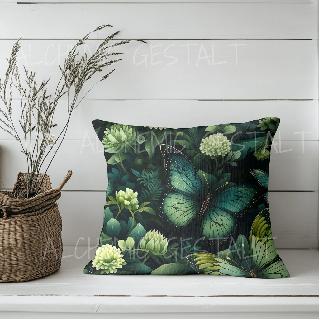 Botany of Wings Faux Suede Pillow: Green floral accent cushion, perfect for cozy living rooms. Ideal for nature lovers & forest-inspired decor!