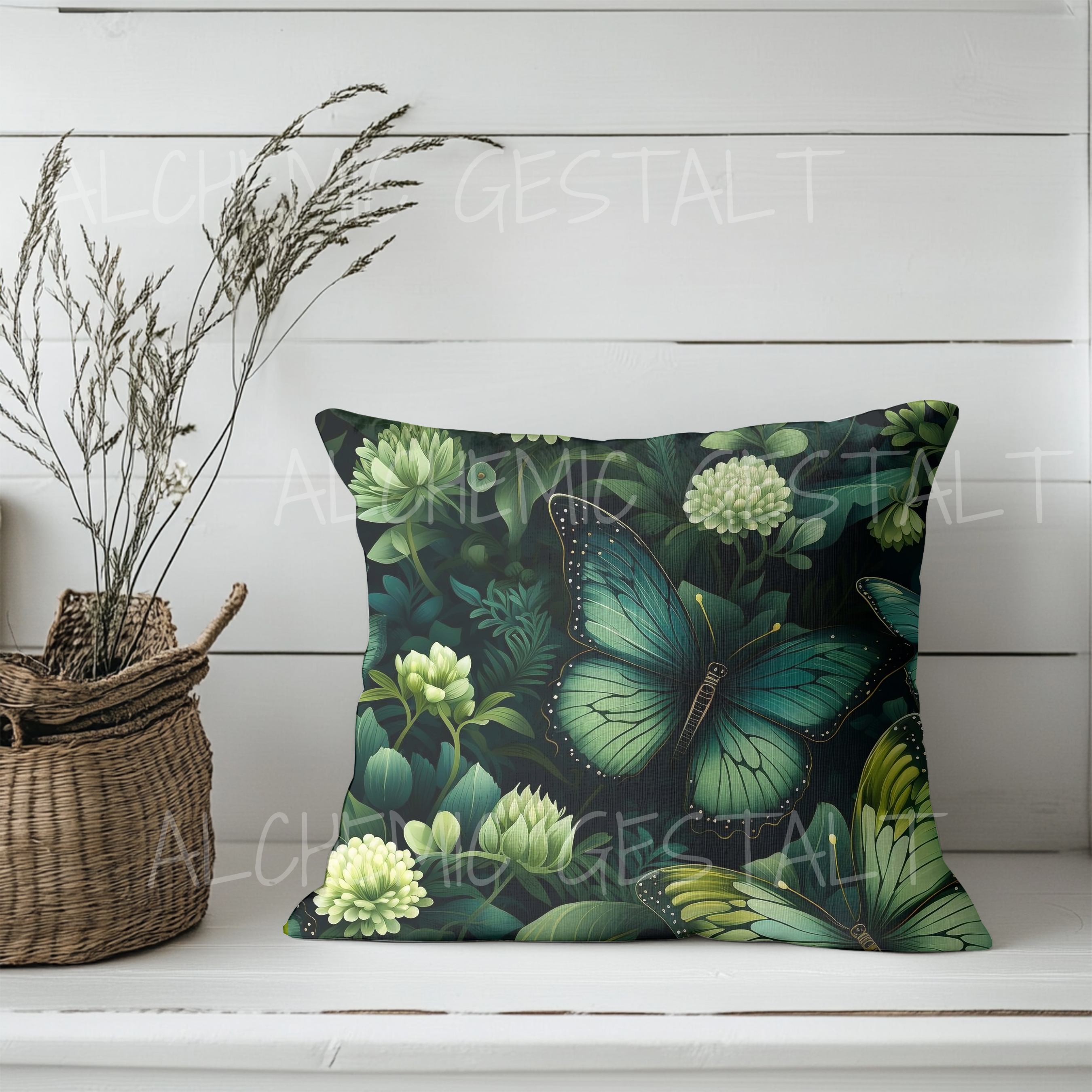 Botany of Wings Faux Suede Pillow: Green floral accent cushion, perfect for cozy living rooms. Ideal for nature lovers & forest-inspired decor!