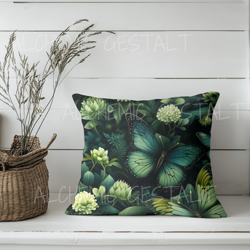 Botany of Wings Faux Suede Pillow: Green floral accent cushion, perfect for cozy living rooms. Ideal for nature lovers & forest-inspired decor!