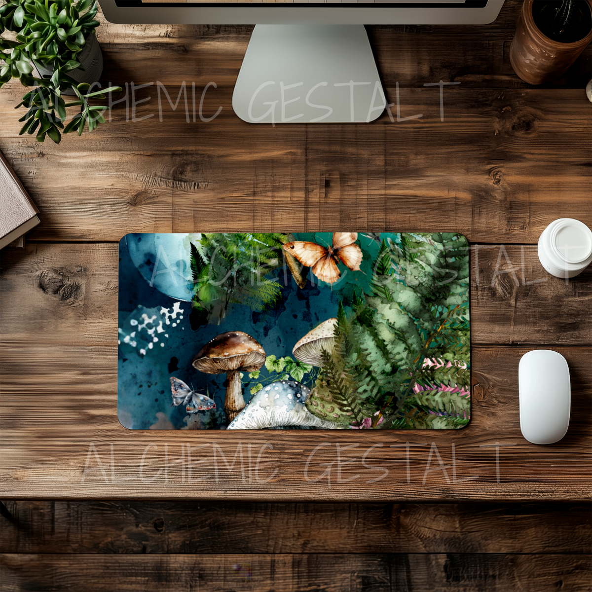 Mushroom Forest Desk Mat – Botanical Mouse Pad with Ferns & Butterflies