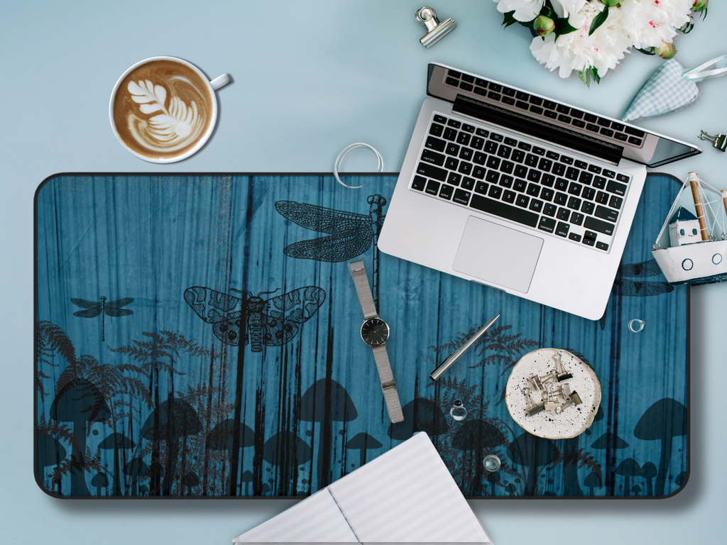 Dragonfly & Mushroom Forest Desk Mat — Blue Nature Mouse Pad