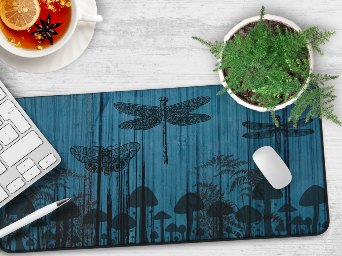 Dragonfly & Mushroom Forest Desk Mat — Blue Nature Mouse Pad