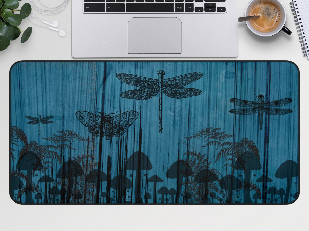 Dragonfly & Mushroom Forest Desk Mat — Blue Nature Mouse Pad