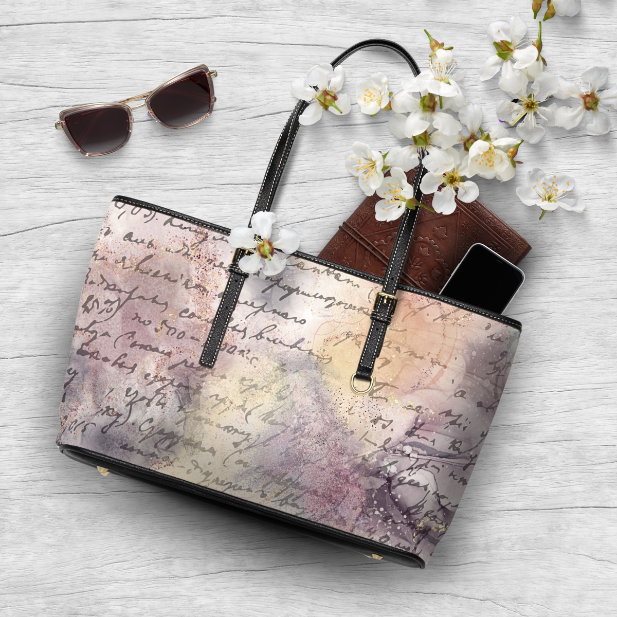 Vintage Script Watercolor PU Leather Shoulder Bag