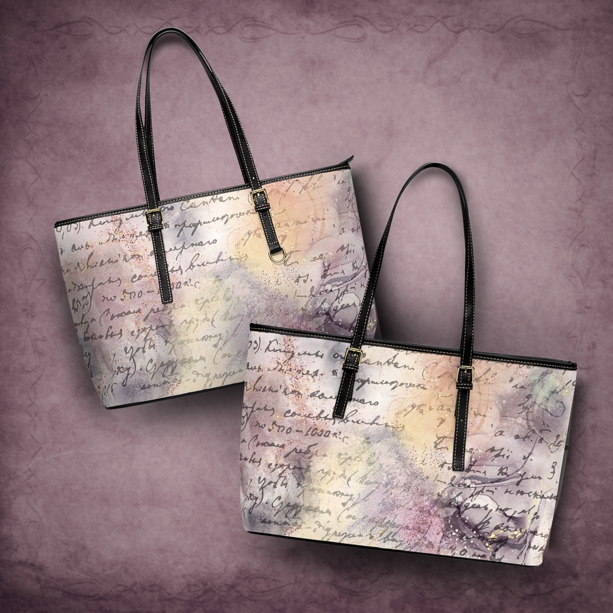Vintage Script Watercolor PU Leather Shoulder Bag