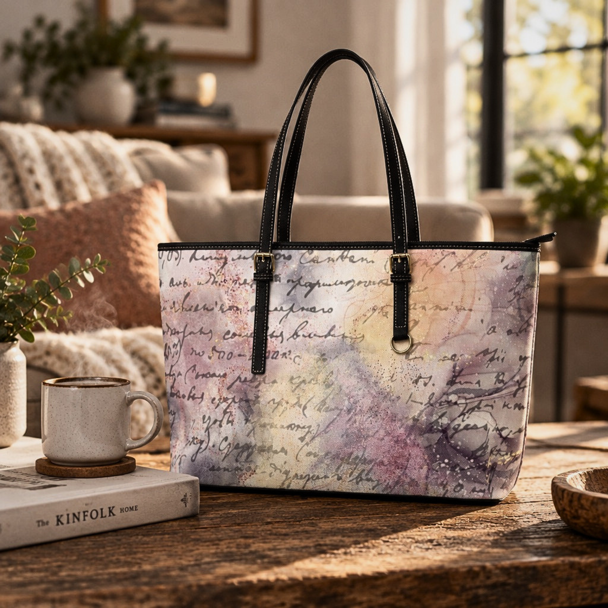 Vintage Script Watercolor PU Leather Shoulder Bag