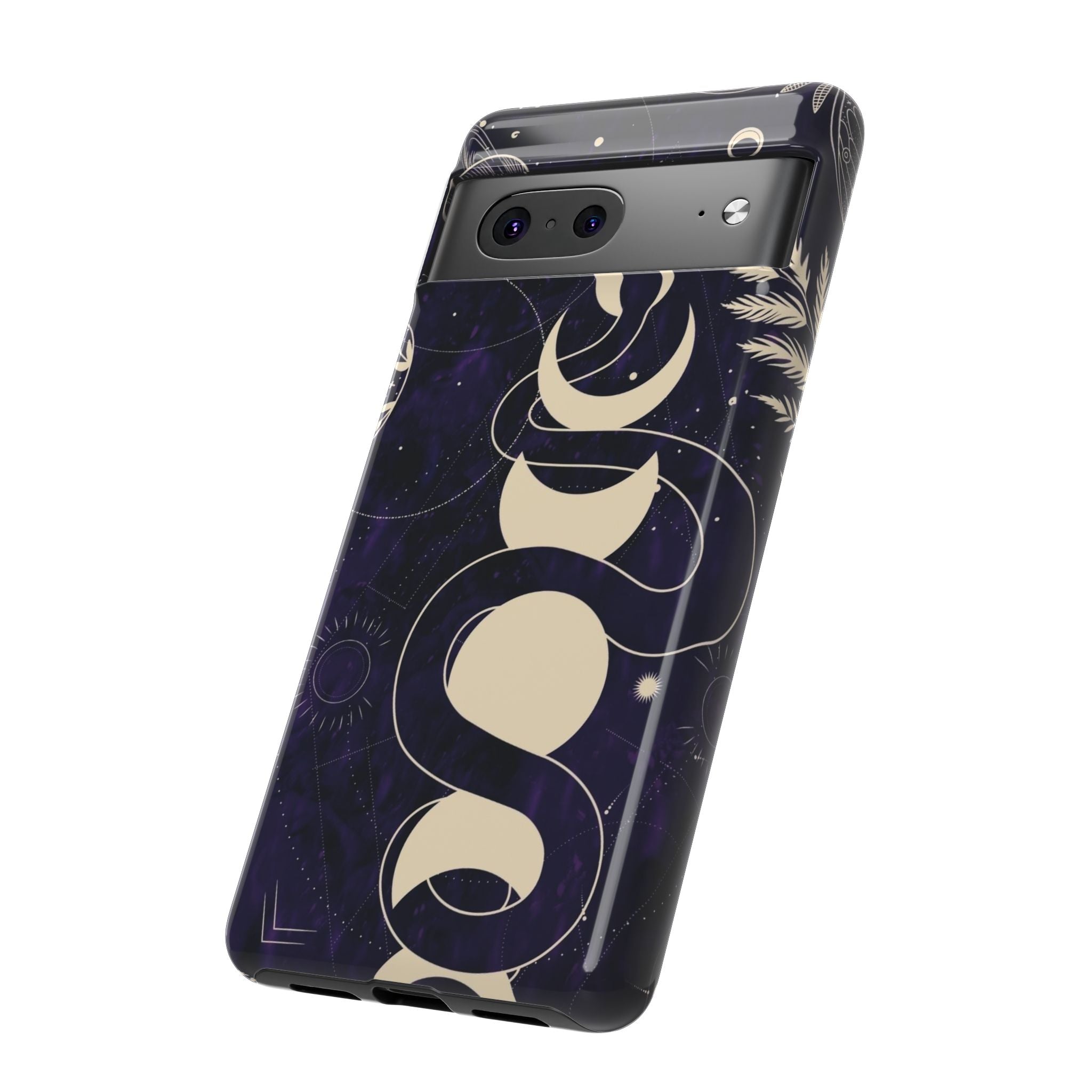 Dark Violet Phone Case with Lunar Phases, Snake & Cosmic Motifs | Durable and Stylish, Perfect for Astrology Lovers