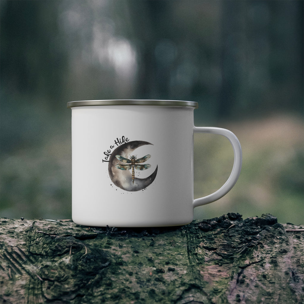 Outdoor Enthusiast Enamel Camping Mug with Dragonfly Design, Hiking Gift, Nature Lover Mug, Travel Companion, Adventure Gear