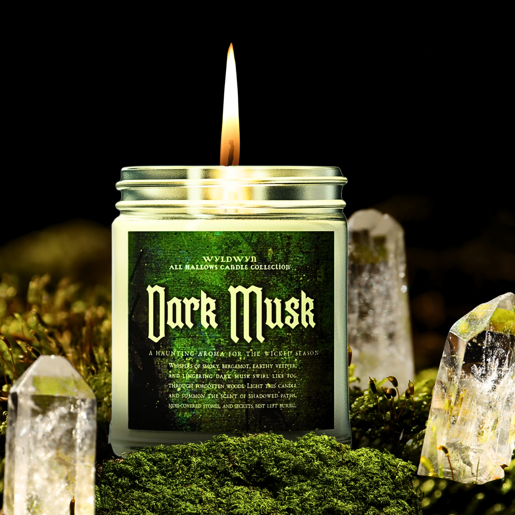 Scented Candle: Dark Musk, part of the All Hallows Candle Collection, 9 oz Coconut Apricot Wax