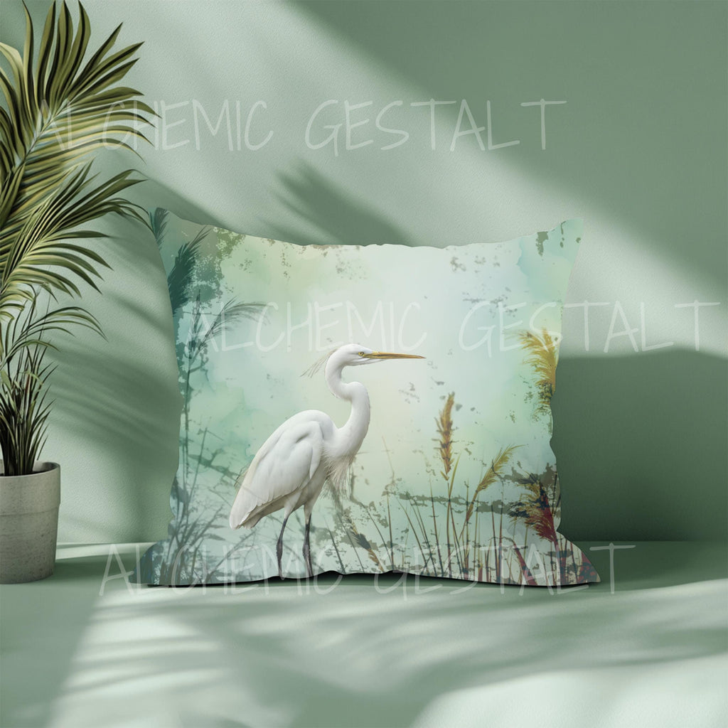 Elegant Egret Design Square Pillow in Faux Suede - 4 Size Options