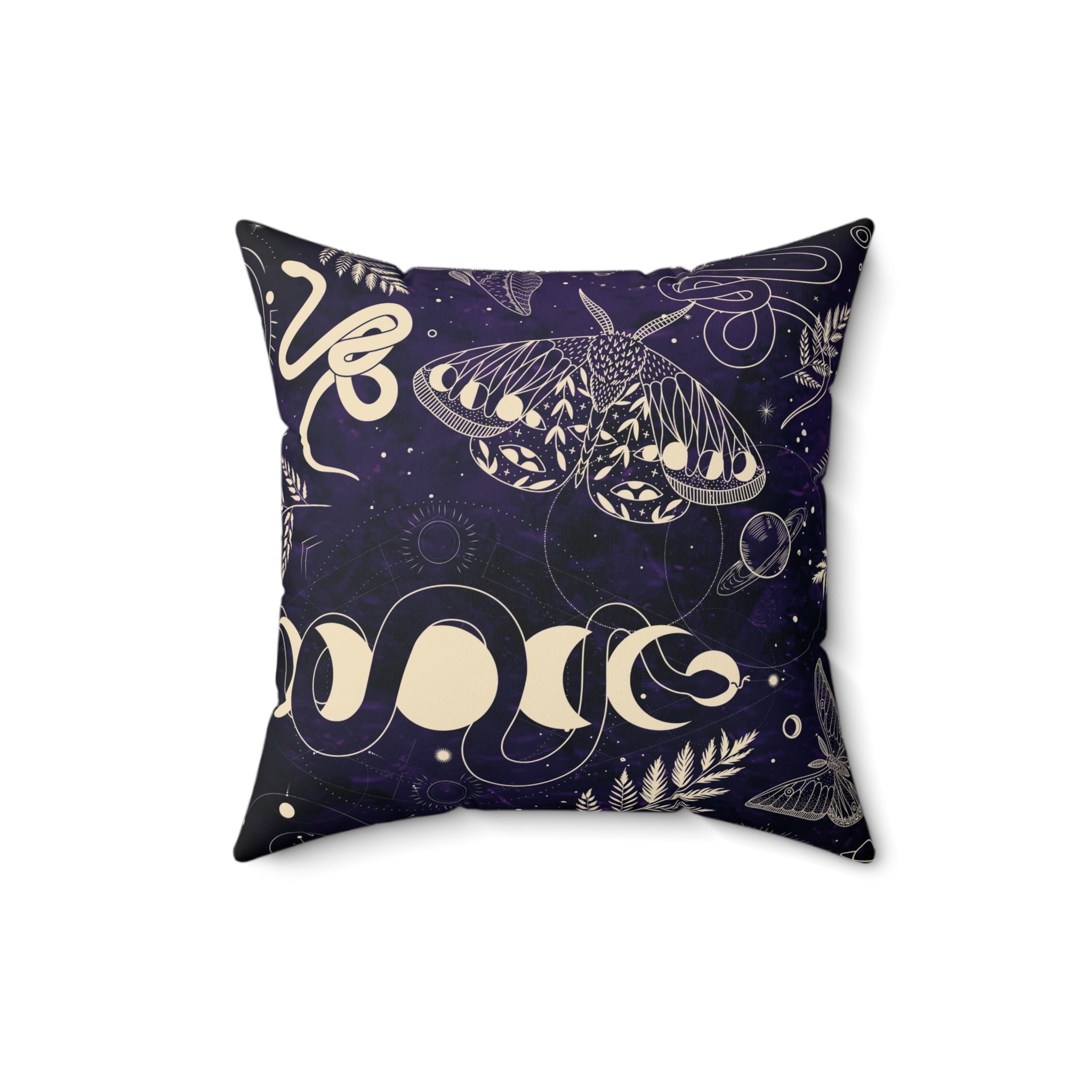 Mystical Nature Square Pillow, Elegant Home Decor, Butterfly and Snake Design, for Garden Lovers, Boho Aesthetic, Gift Idea