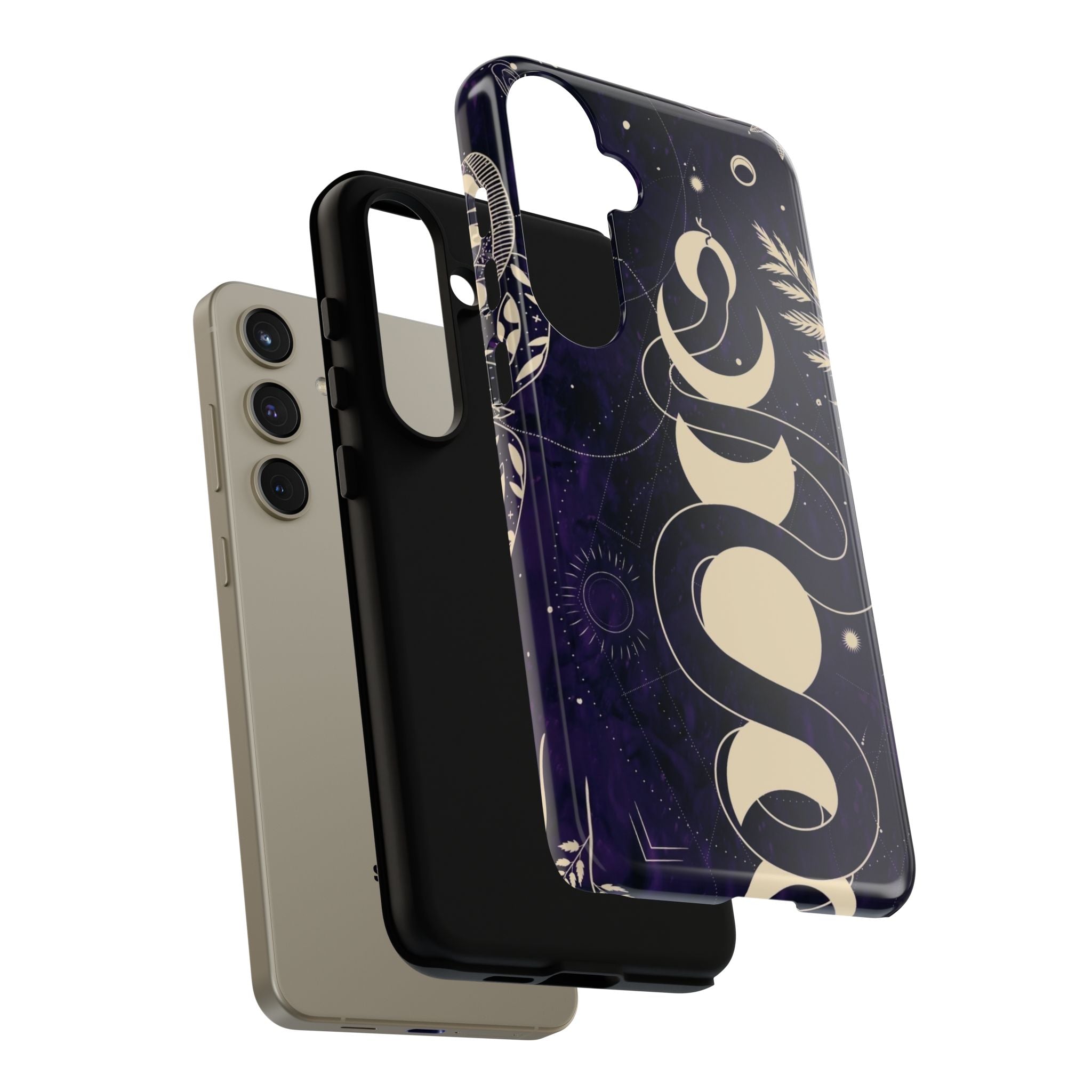 Dark Violet Phone Case with Lunar Phases, Snake & Cosmic Motifs | Durable and Stylish, Perfect for Astrology Lovers