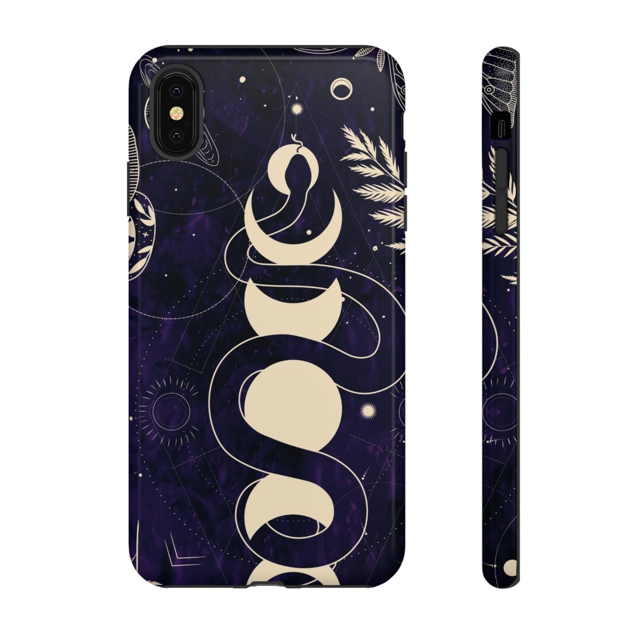 Dark Violet Phone Case with Lunar Phases, Snake & Cosmic Motifs | Durable and Stylish, Perfect for Astrology Lovers
