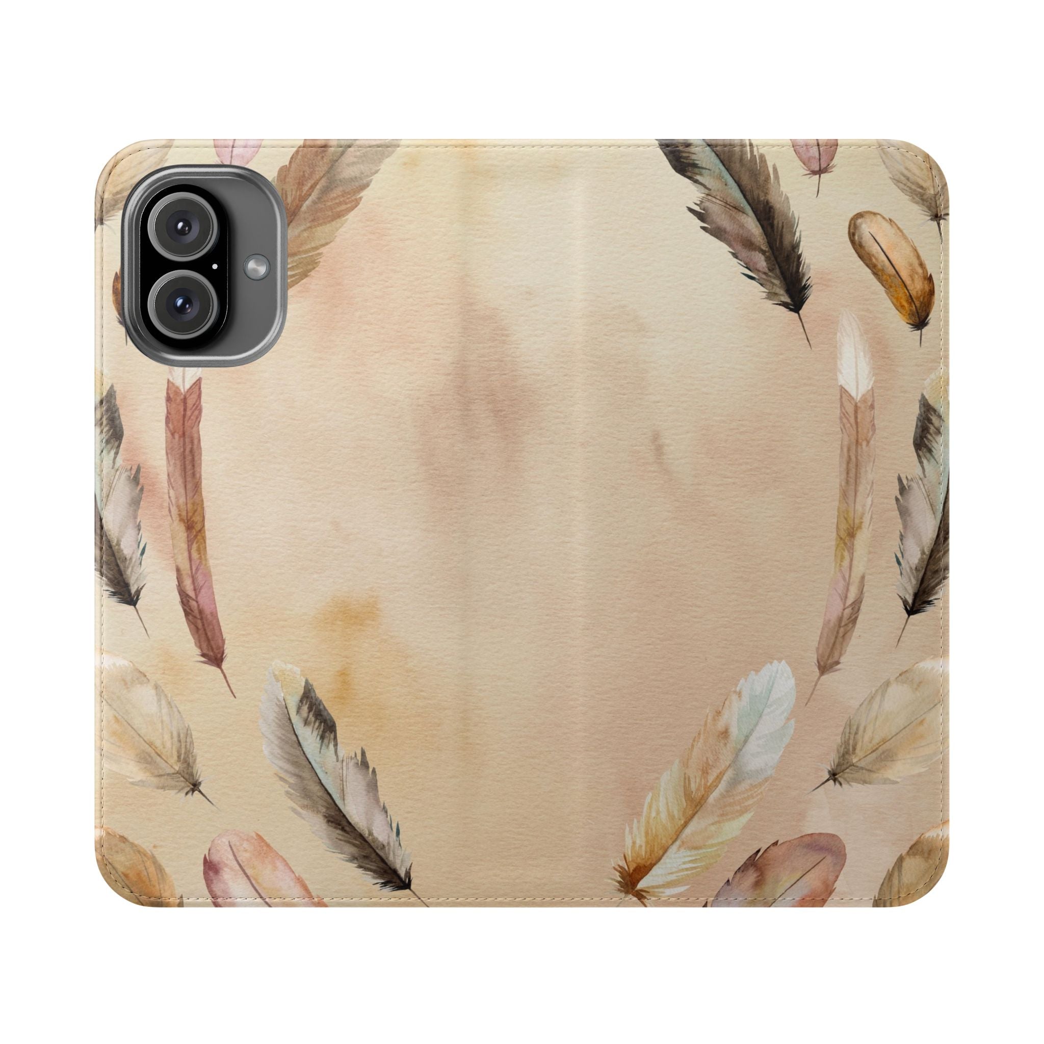 Feathers Flip Case, Phone Case, Protective Cover, Faux Leather Stand Feature Card & Cash Storage, Vibrant Colors, Stylish and Practical