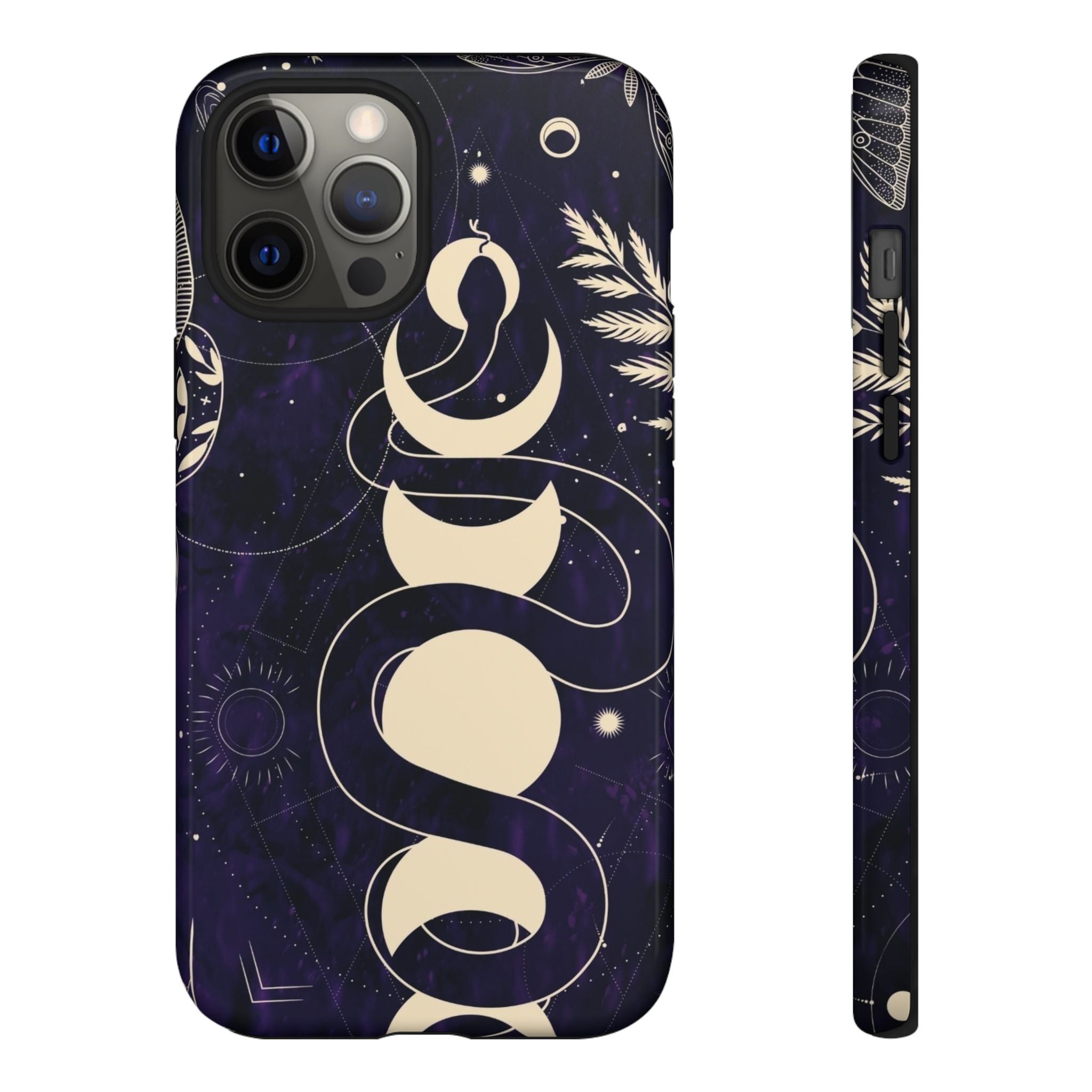 Dark Violet Phone Case with Lunar Phases, Snake & Cosmic Motifs | Durable and Stylish, Perfect for Astrology Lovers