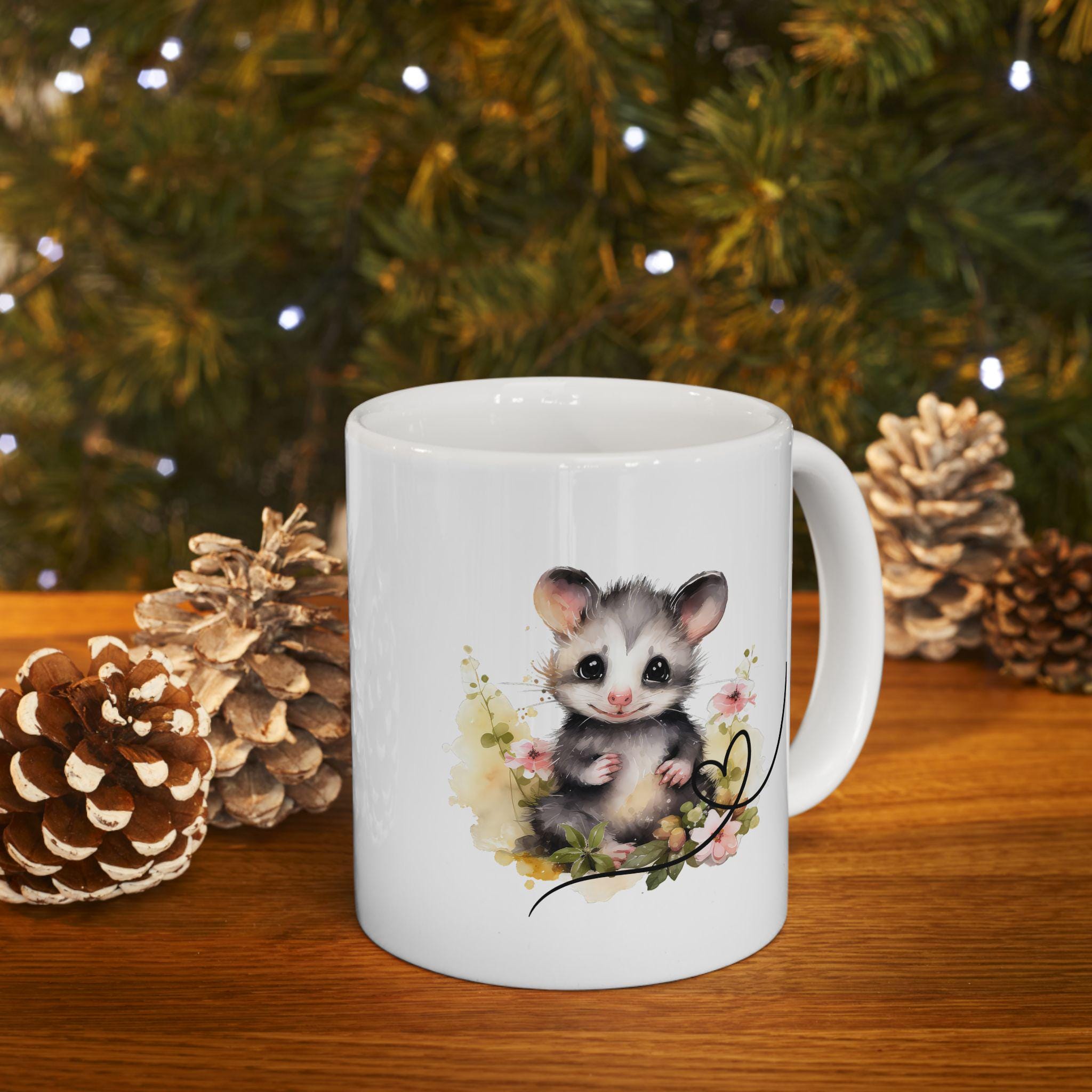 Opossum Ceramic Mug, Cute Floral Heart Opossum Lover Gift, 11oz 15oz Coffee Cup, Animal Wildlife Tea Mug, Gift for Nature Enthusiasts
