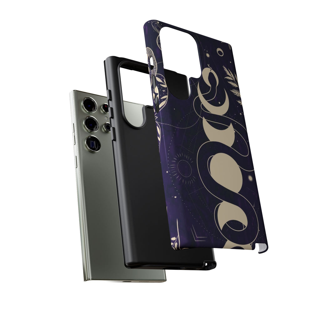 Dark Violet Phone Case with Lunar Phases, Snake & Cosmic Motifs | Durable and Stylish, Perfect for Astrology Lovers