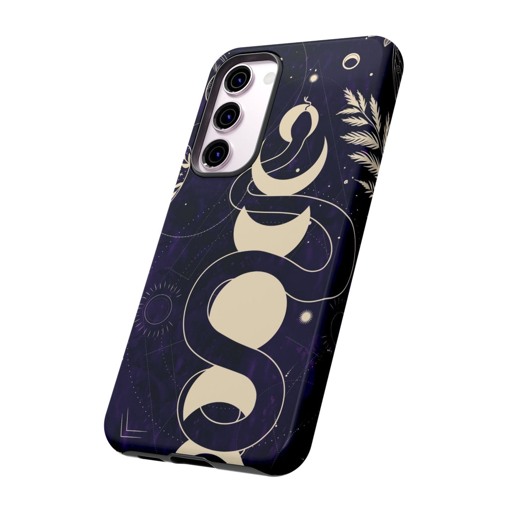 Dark Violet Phone Case with Lunar Phases, Snake & Cosmic Motifs | Durable and Stylish, Perfect for Astrology Lovers