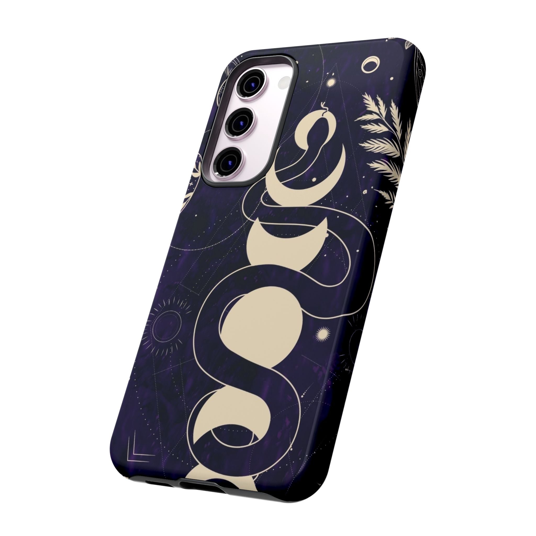 Dark Violet Phone Case with Lunar Phases, Snake & Cosmic Motifs | Durable and Stylish, Perfect for Astrology Lovers