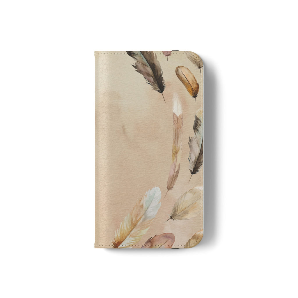Feathers Flip Case, Phone Case, Protective Cover, Faux Leather Stand Feature Card & Cash Storage, Vibrant Colors, Stylish and Practical