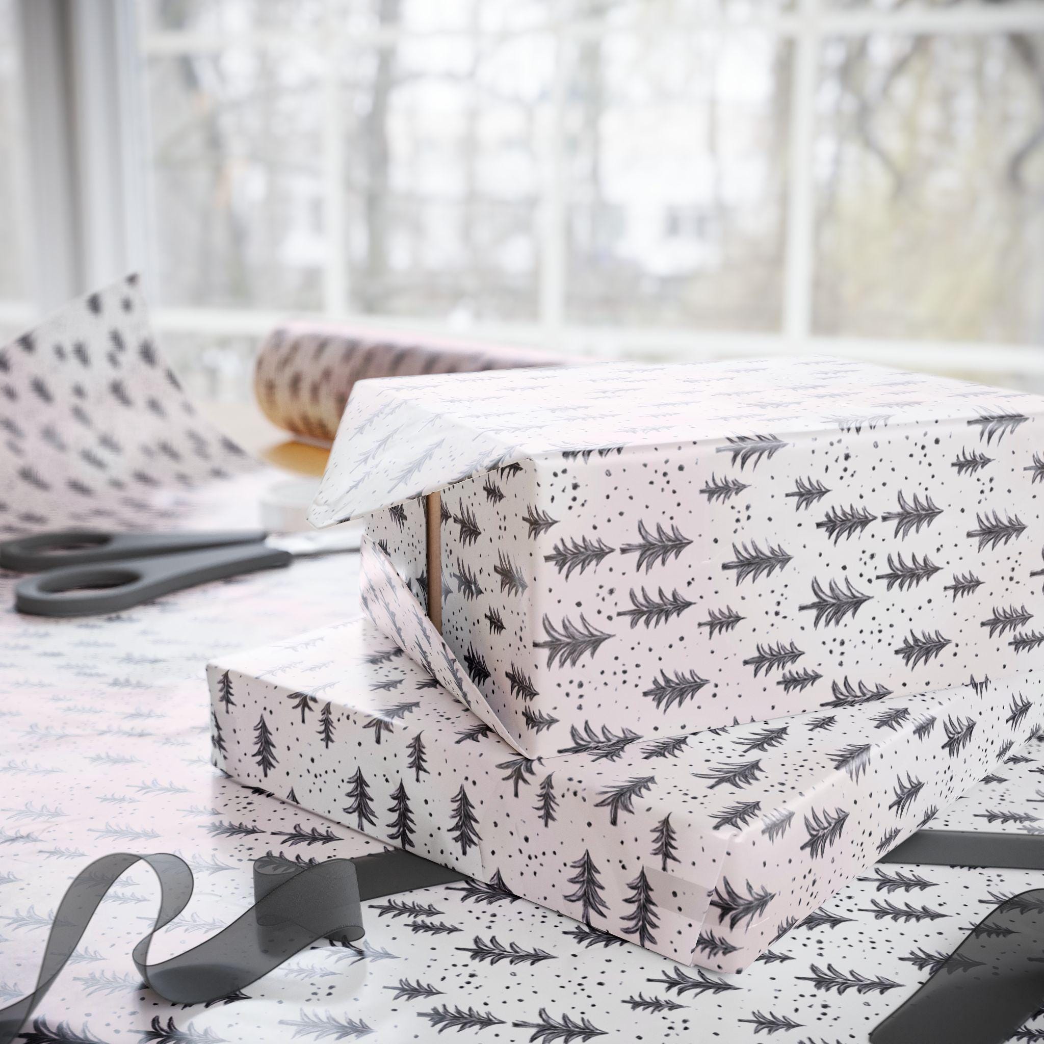 Etched Christmas Tree Pattern Wrapping paper |  Blush Watercolor Wrapping Paper