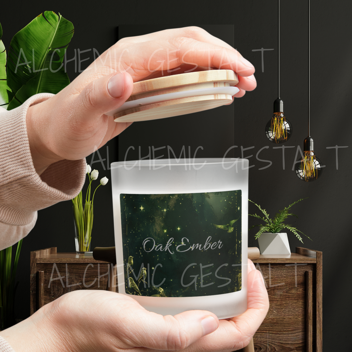 Scented Candle: 11oz Frosted Glass Oak Ember Soy Candle with Wooden Wick, Hand-Poured