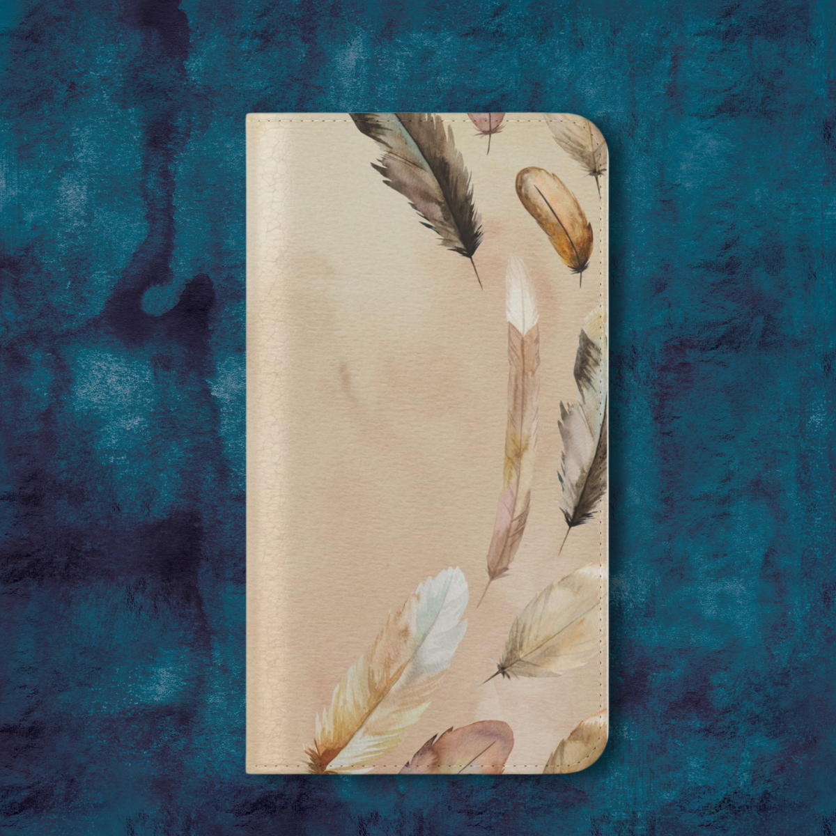 Phone Case Flip Cover - Feathers, Faux Leather Stand, Card & Cash Storage