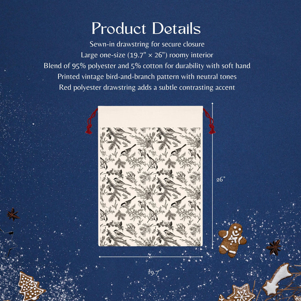 Winter Woodland Birds Reusable Gift Bag | Large Fabric Drawstring Christmas Bag (19.7 x 26 in)
