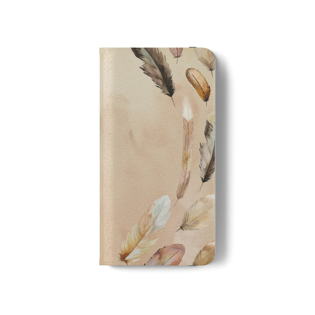 Feathers Flip Case, Phone Case, Protective Cover, Faux Leather Stand Feature Card & Cash Storage, Vibrant Colors, Stylish and Practical