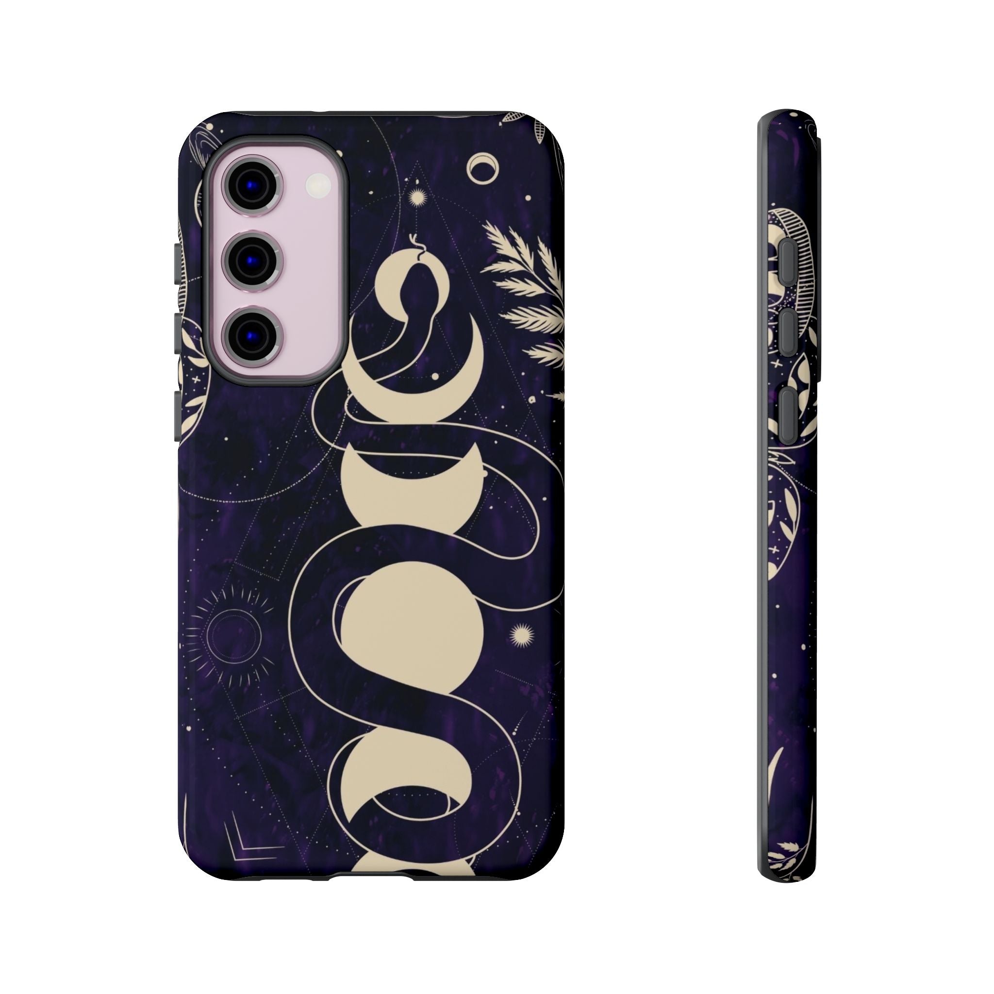 Dark Violet Phone Case with Lunar Phases, Snake & Cosmic Motifs | Durable and Stylish, Perfect for Astrology Lovers