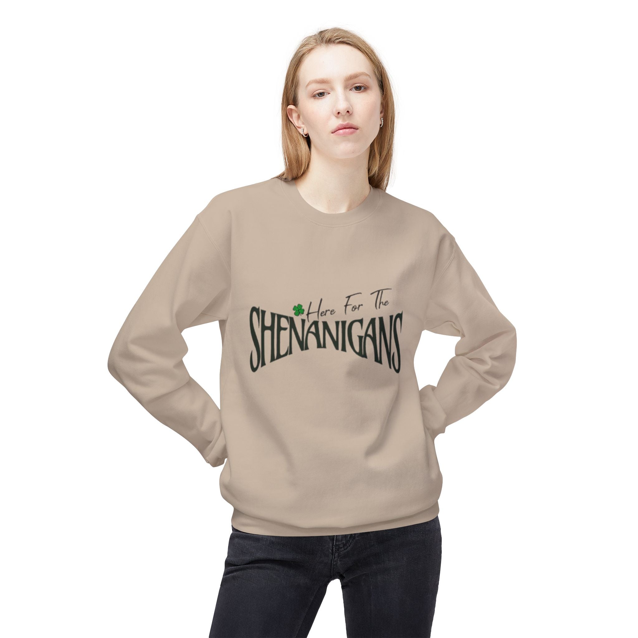 St. Patrick's Day Sweatshirt, Here for the Shenanigans Crewneck Sweater, Green Fleece Pullover, Casual Gift for Friends, Holiday Apparel