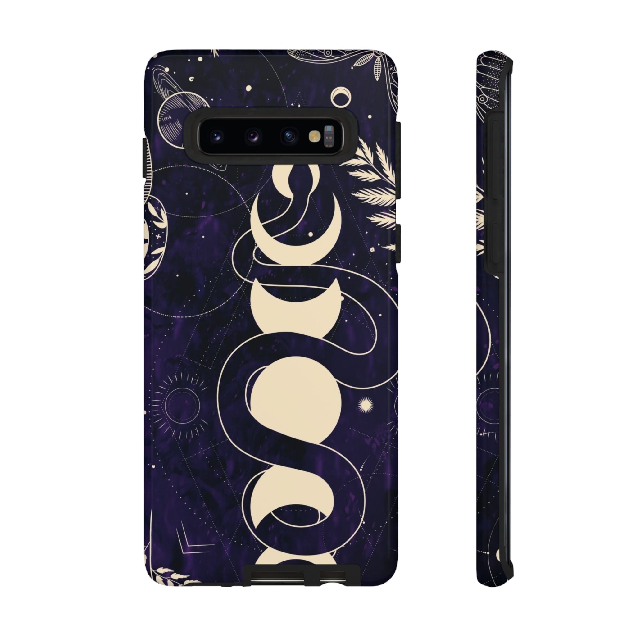 Dark Violet Phone Case with Lunar Phases, Snake & Cosmic Motifs | Durable and Stylish, Perfect for Astrology Lovers
