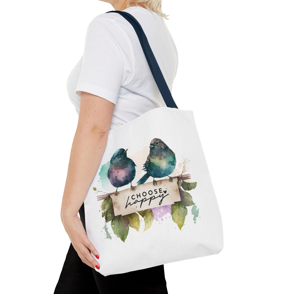 Cheerful Bird Design Tote Bag - Choose Happy Watercolor Print - 3 Sizes Available | Bird Lover Gift Idea |  Whimsical Birds Versatile Tote