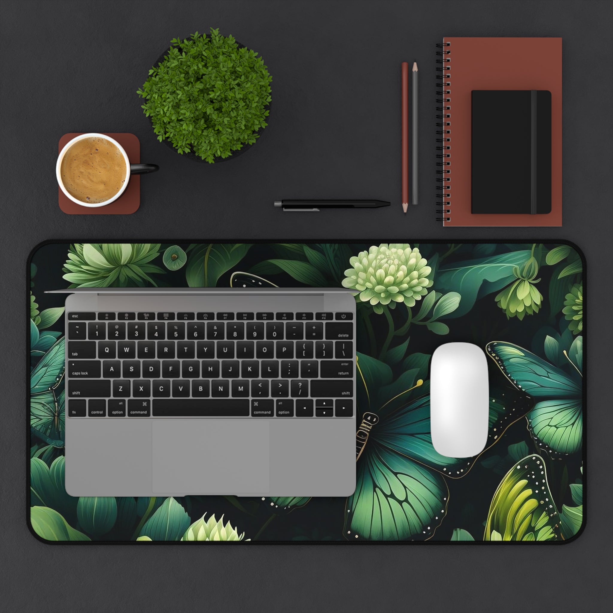 Botany of Wings Emerald Desk Mat: Vibrant neoprene mat in 3 sizes, Dark Butterfly Print