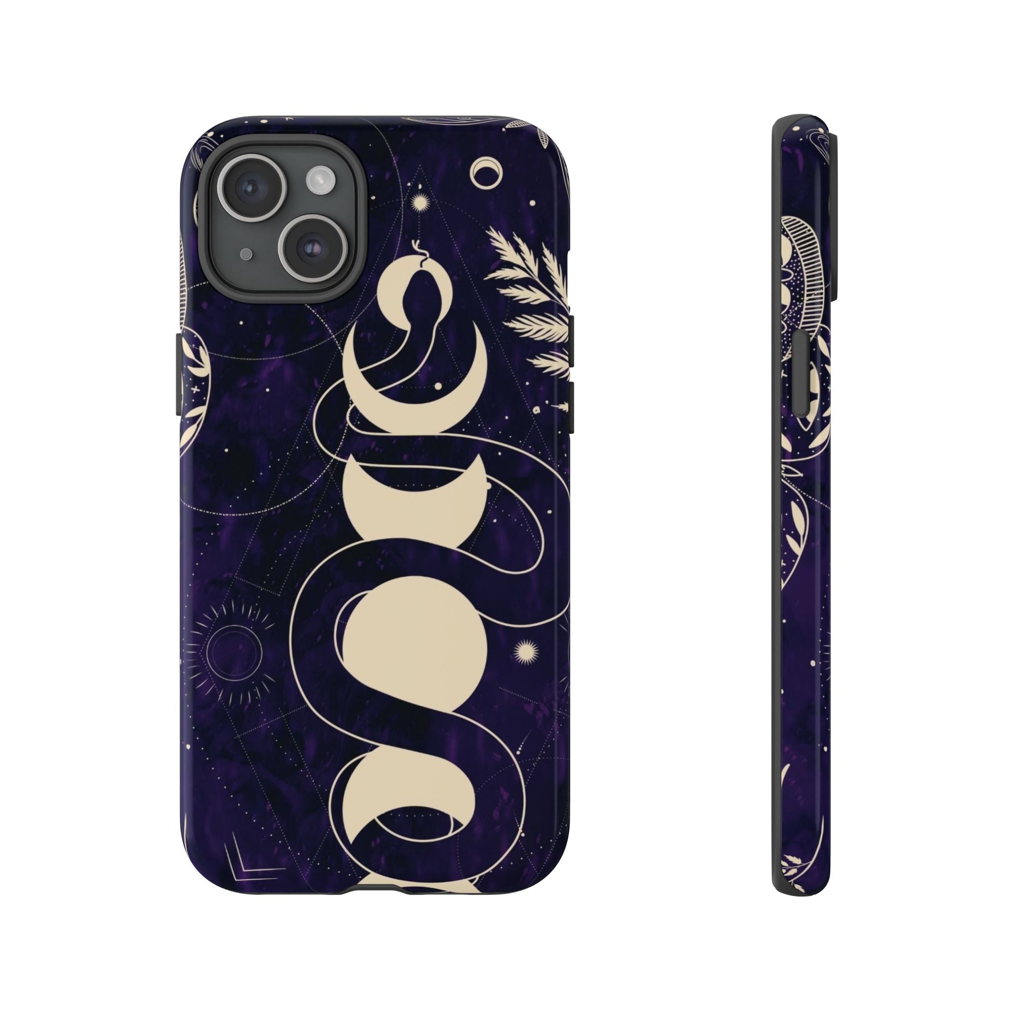 Dark Violet Phone Case with Lunar Phases, Snake & Cosmic Motifs | Durable and Stylish, Perfect for Astrology Lovers