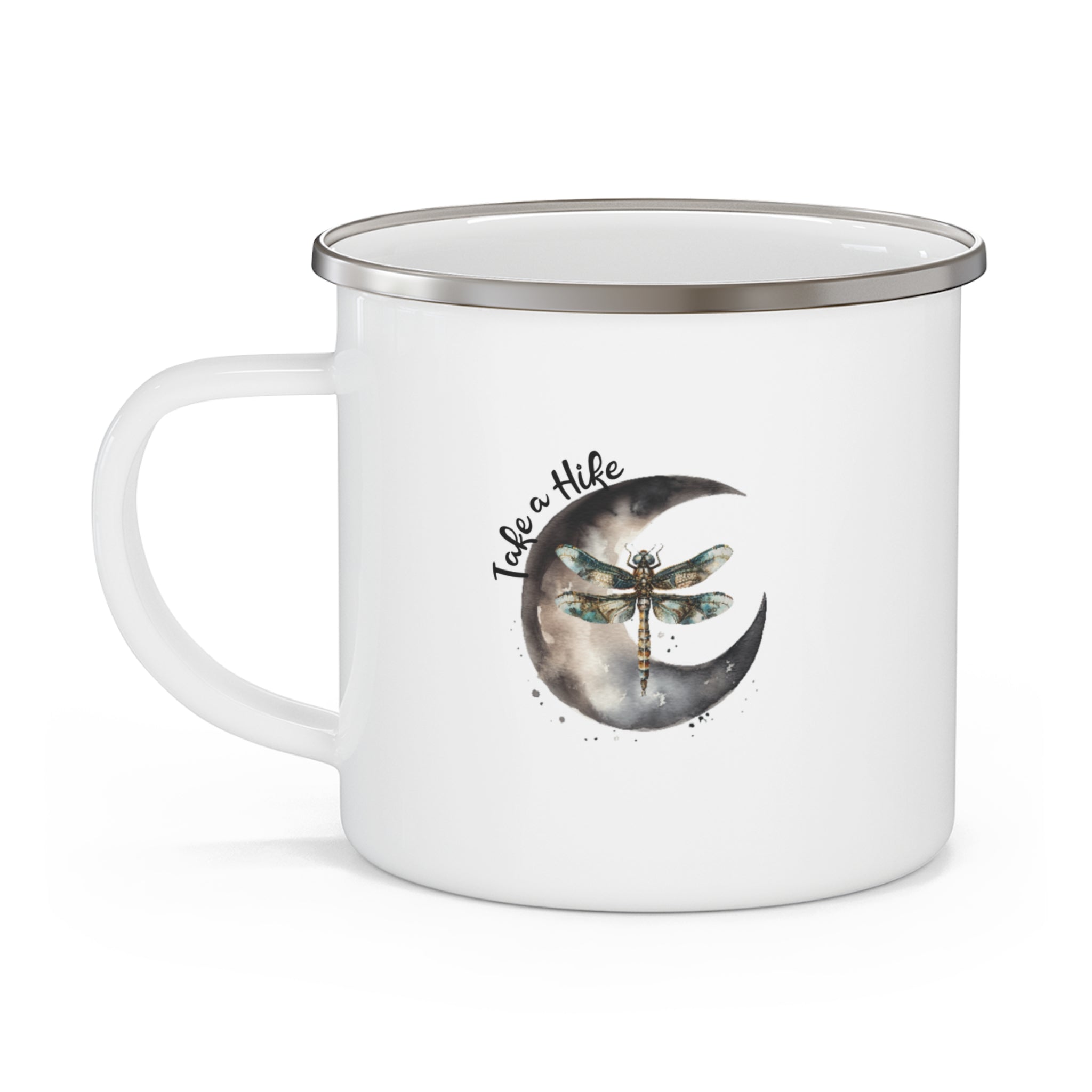 Outdoor Enthusiast Enamel Camping Mug with Dragonfly Design, Hiking Gift, Nature Lover Mug, Travel Companion, Adventure Gear