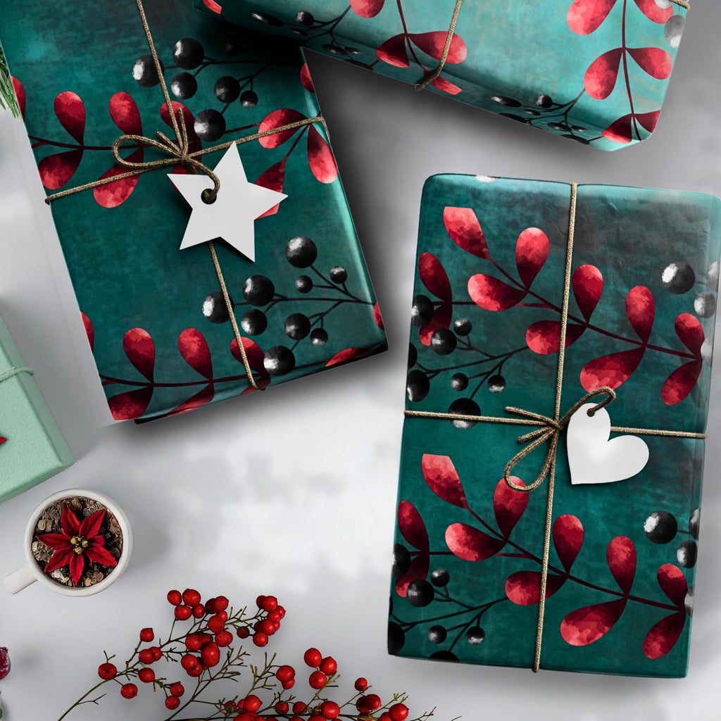 Winter Berry Holiday Wrapping Paper | Red Berries on Teal | Christmas Gift Wrap Sheets